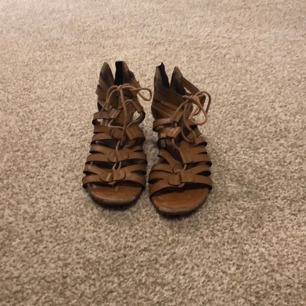 Brown, leather, heeled sandals